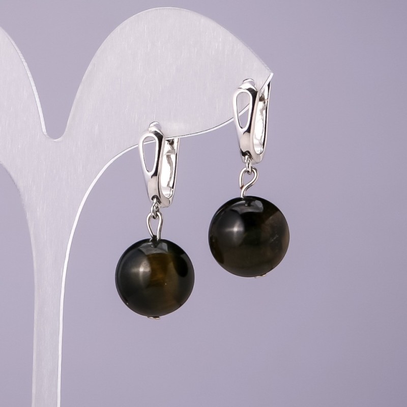 Earrings natural stone Hawk's Eye, diameter 14mm, length 18mm