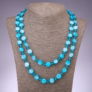 Long Necklace Blue Mother-of-P Pearl Coin, 120cm