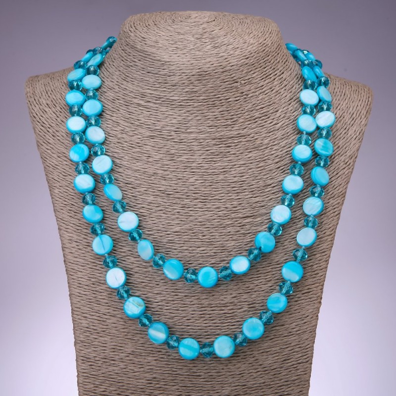 Long Necklace Blue Mother-of-P Pearl Coin, 120cm