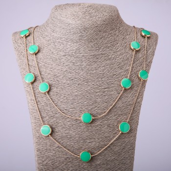 Long Chain Necklace Green "Coin", length 66-70cm