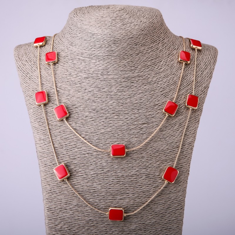 Long Chain Necklace Red Square, length 66-70cm