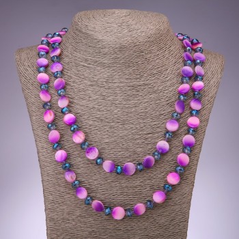 Long Necklace Mother-of-Pearl Purple with Pink Pearl, diameter 12mm, 120cm