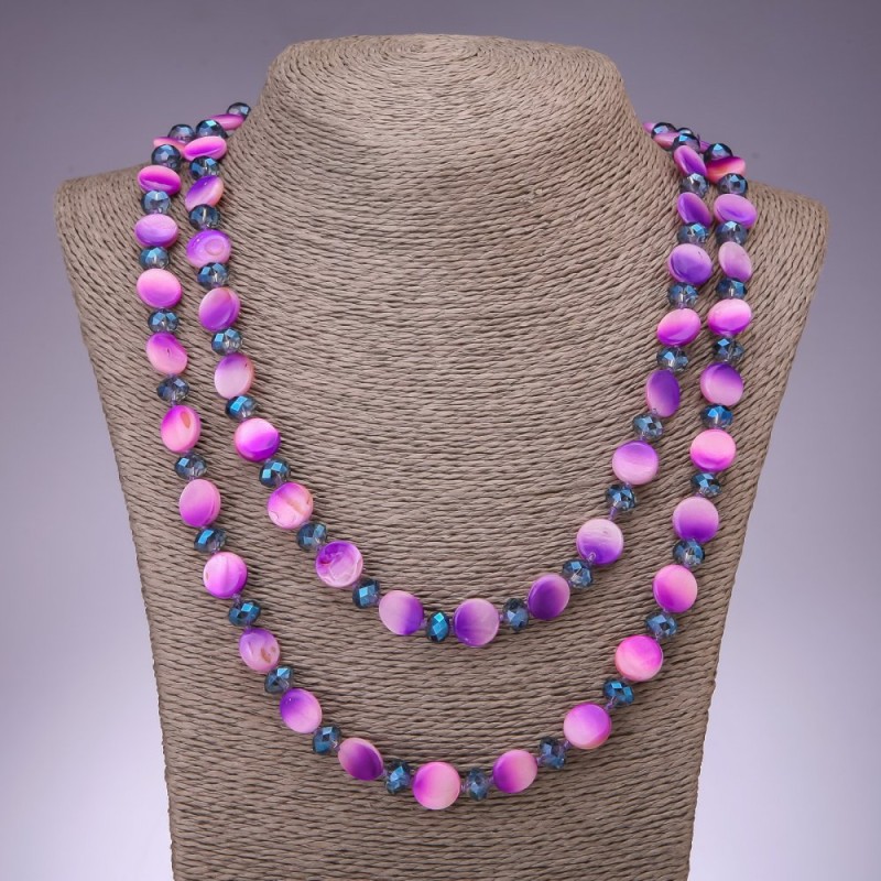 Long Necklace Mother-of-Pearl Purple with Pink Pearl, diameter 12mm, 120cm