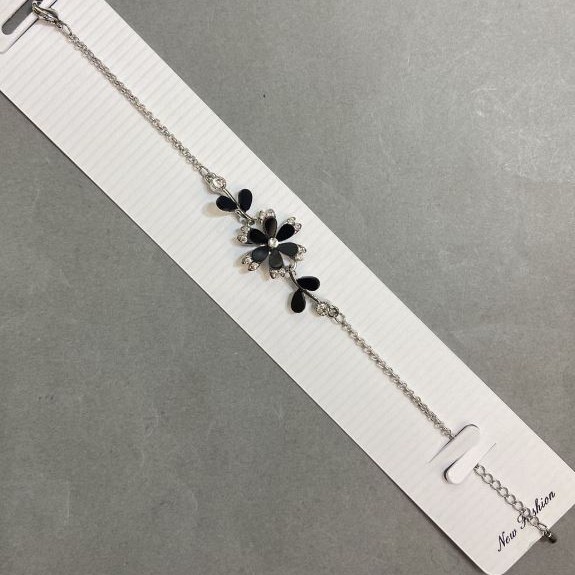 Black Flower Bracelet with White Rhinestones, 19mm diameter, 16-19cm+ length