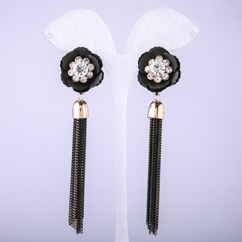 Tassel Earrings Black Flower with Chains, 90mm long