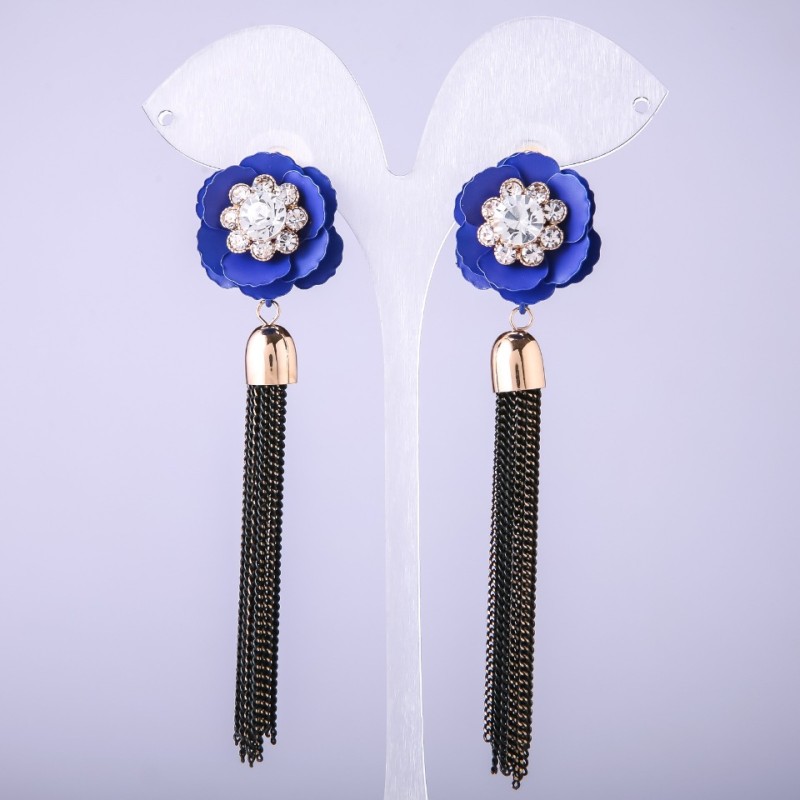 Tassel Earrings Blue Flower with Chains, 90mm long