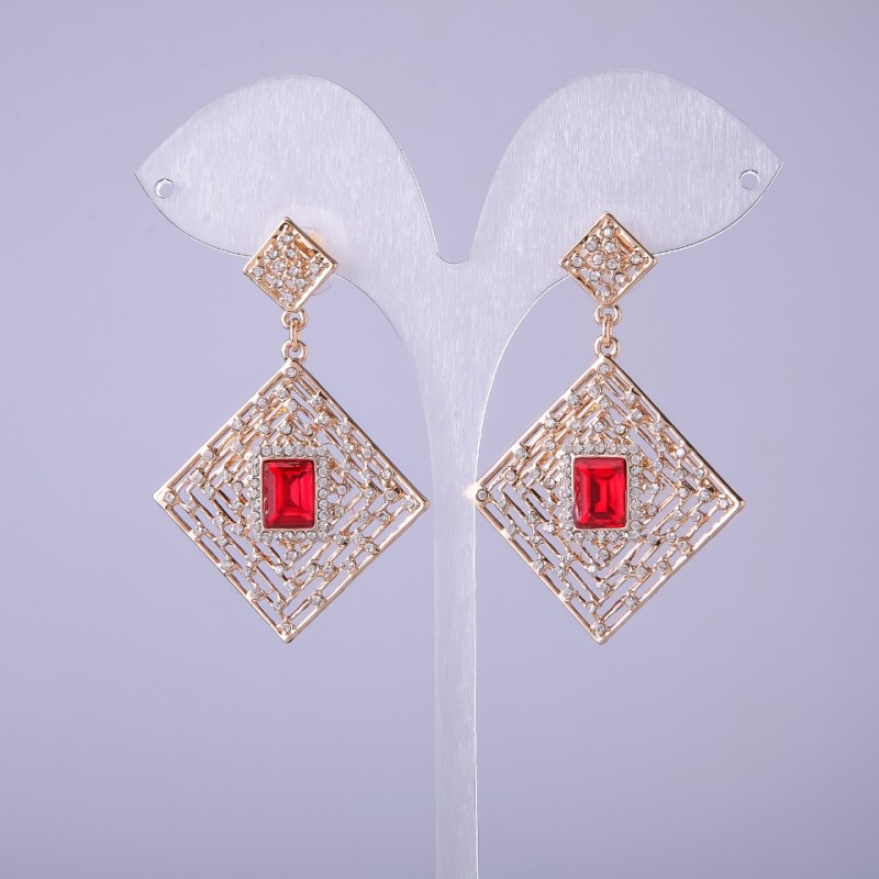 Rhombus-style Earrings with Red Crystals, length 50mm