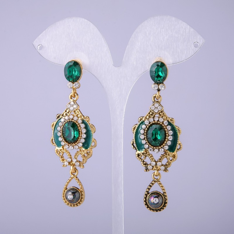 Oriental-style Earrings with Green Crystals, length 65mm