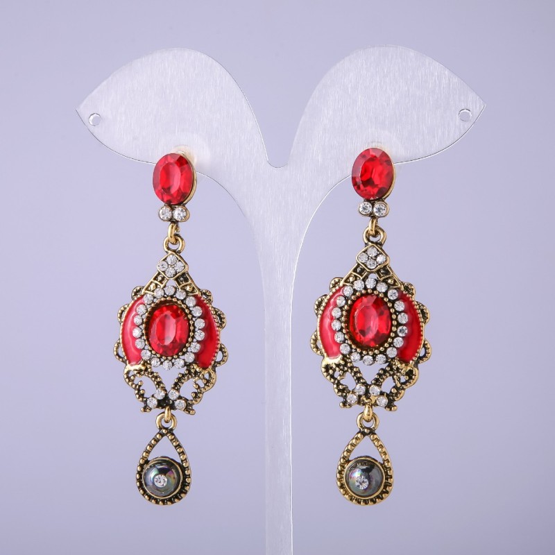 Oriental-style Earrings with Red Crystals, 65mm long