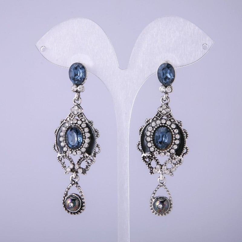 Oriental-style Earrings with Blue Crystals, 65mm long
