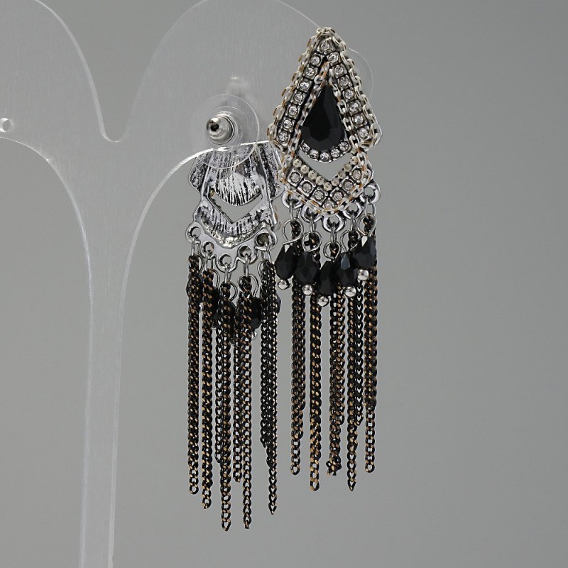 Oriental-style Earrings with Black Crystals, length 70mm