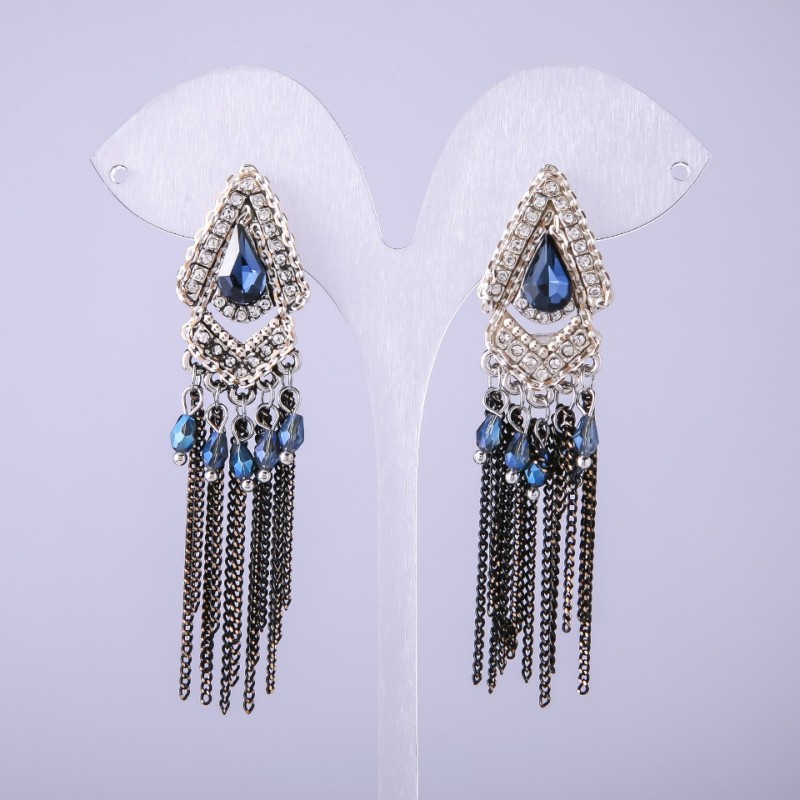 Oriental-style Earrings with Blue Crystals, 70mm long