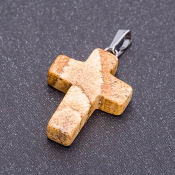 Cross Pendant, Landscape Jasper Stone 18x27mm