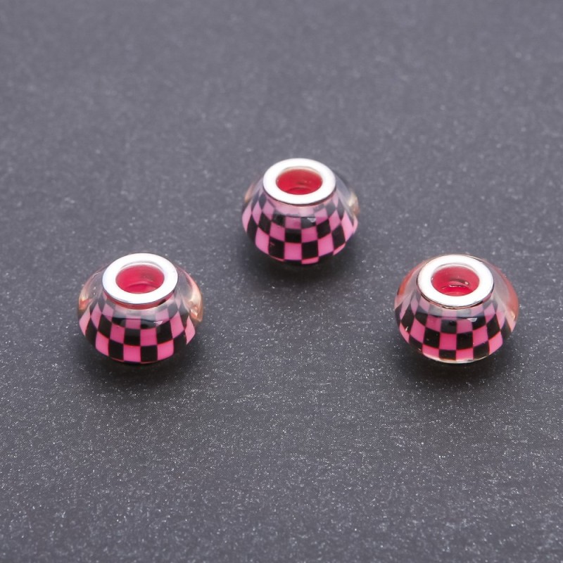 Pandora Bead Pink 'Chequered' Plastic, 13mm Diameter, 5mm Hole, Pack of 11 pcs