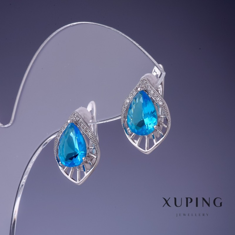 Xuping Earrings with Blue Crystals 17x12mm Rhodium