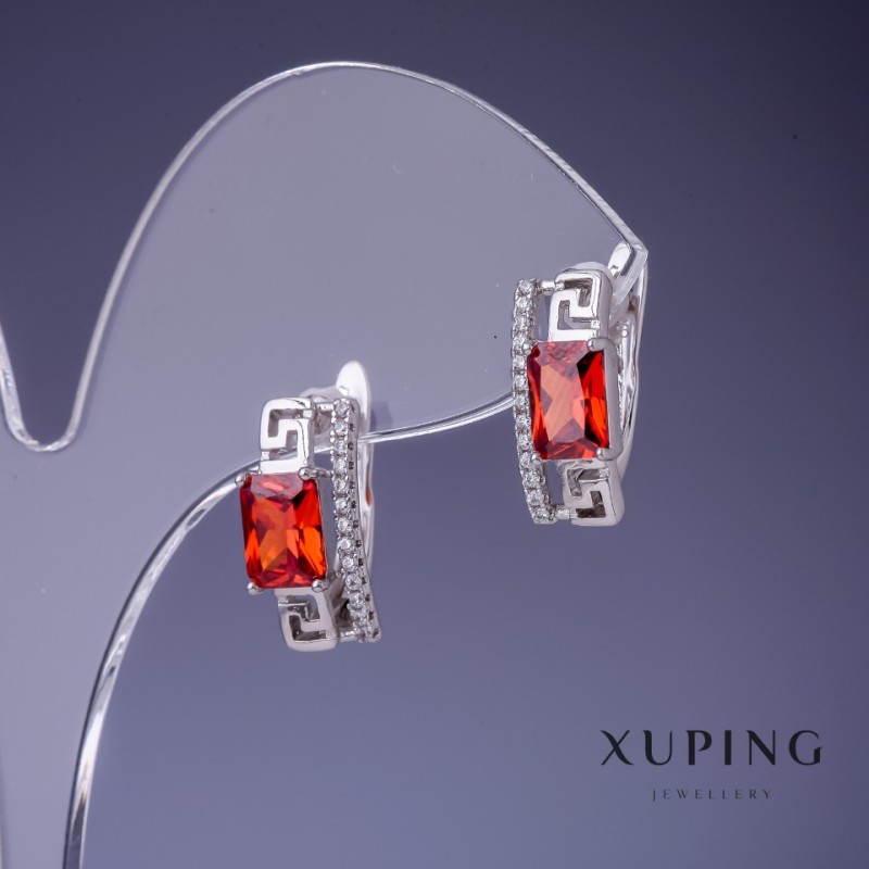 Xuping Earrings with Red Crystals 8x15mm Rhodium Plated