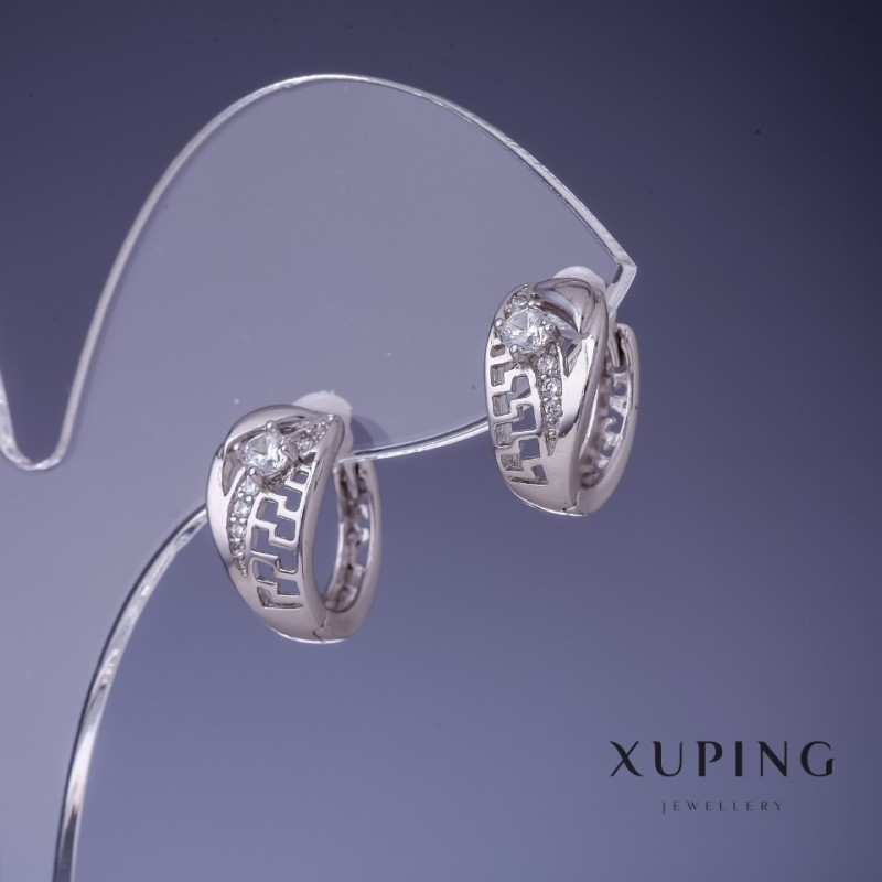 Xuping "Greek Pattern" Earrings 7x14mm Rhodium with White Rhinestones