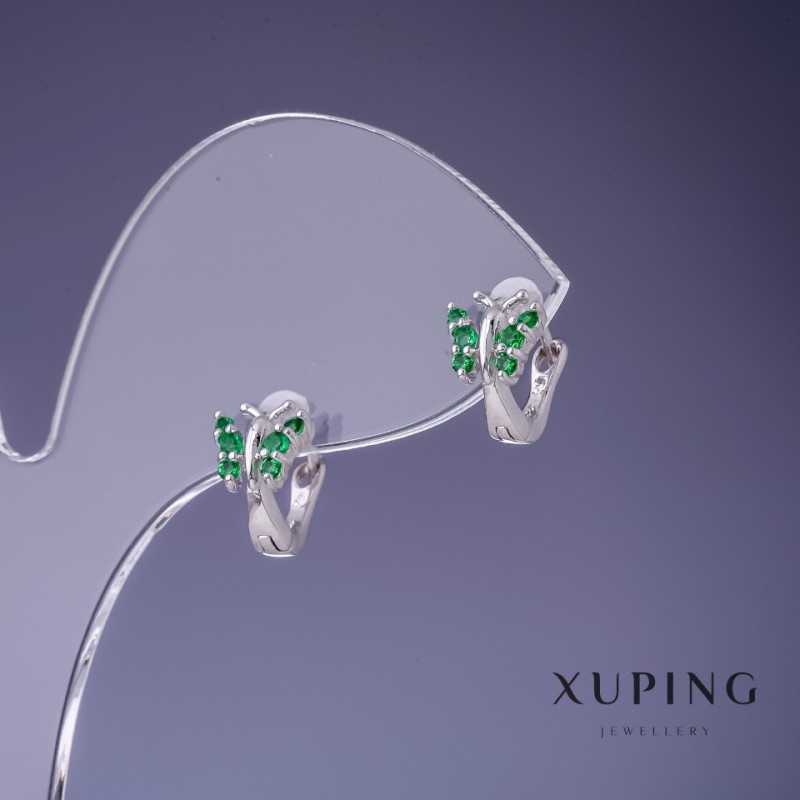 Earrings Xuping Butterflies with green rhinestones 10x7mm, rhodium
