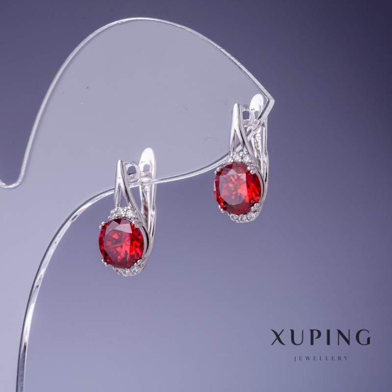 Earrings Xuping with red crystals 16x8mm rhodium plating