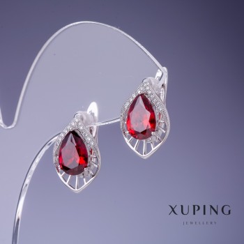 Xuping Earrings with Red Crystals 17x12mm in Rhodium