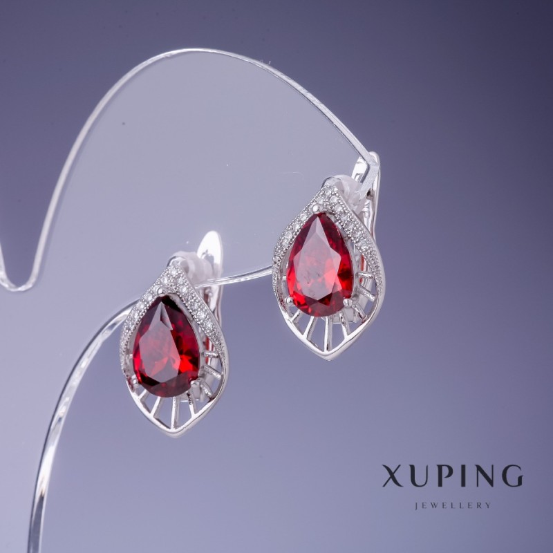 Xuping Earrings with Red Crystals 17x12mm in Rhodium