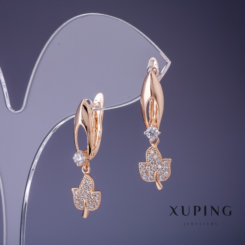 Earrings Xuping Leaves with White Rhinestones 25x5mm "18K Gold"