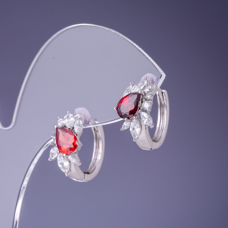 Xuping Earrings with Red Cubic Zirconia Ruby 18x9mm Rhodium