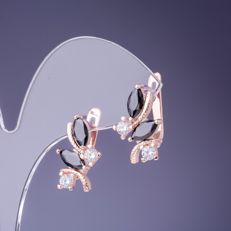 Earrings with Black Crystals 19x12mm in Gold-toned Metal