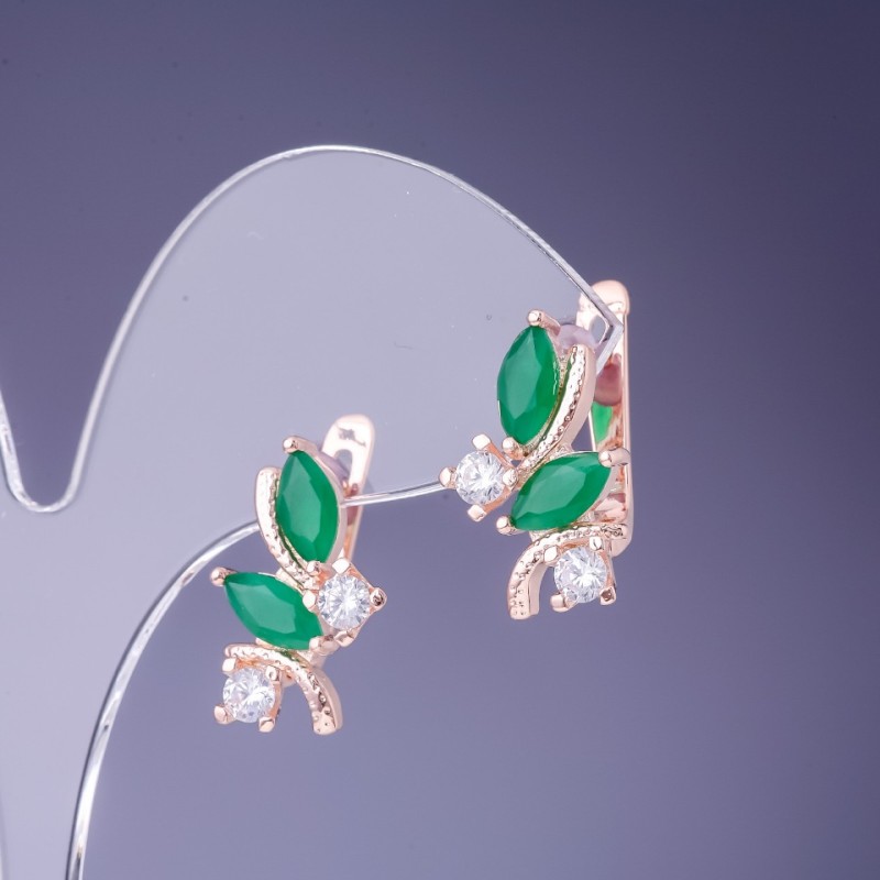 Earrings with green crystals 19×12mm in golden metal