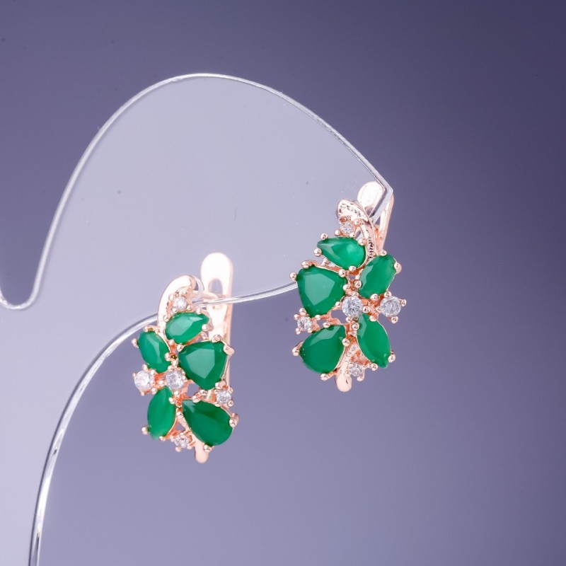 Earrings with green crystals 19×10mm in golden metal
