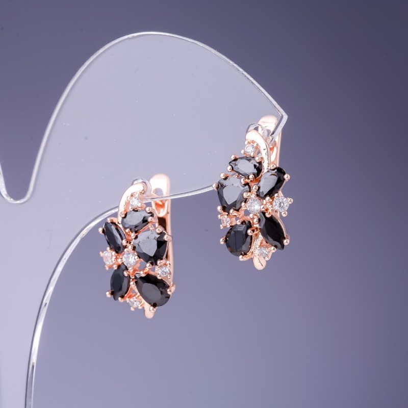 Earrings with Black Crystals 19x10mm in Gold-toned Metal