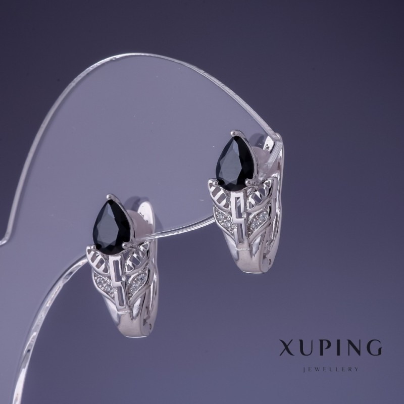 Earrings Xuping Rhodium with Black Stone 17×10mm