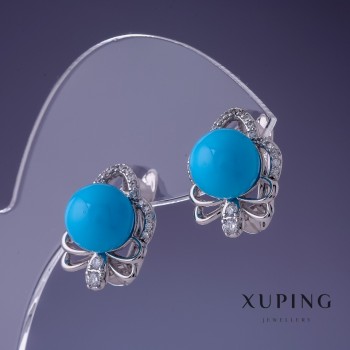 Earrings Xuping with Blue Mallorca Pearls 14x16mm Rhodium