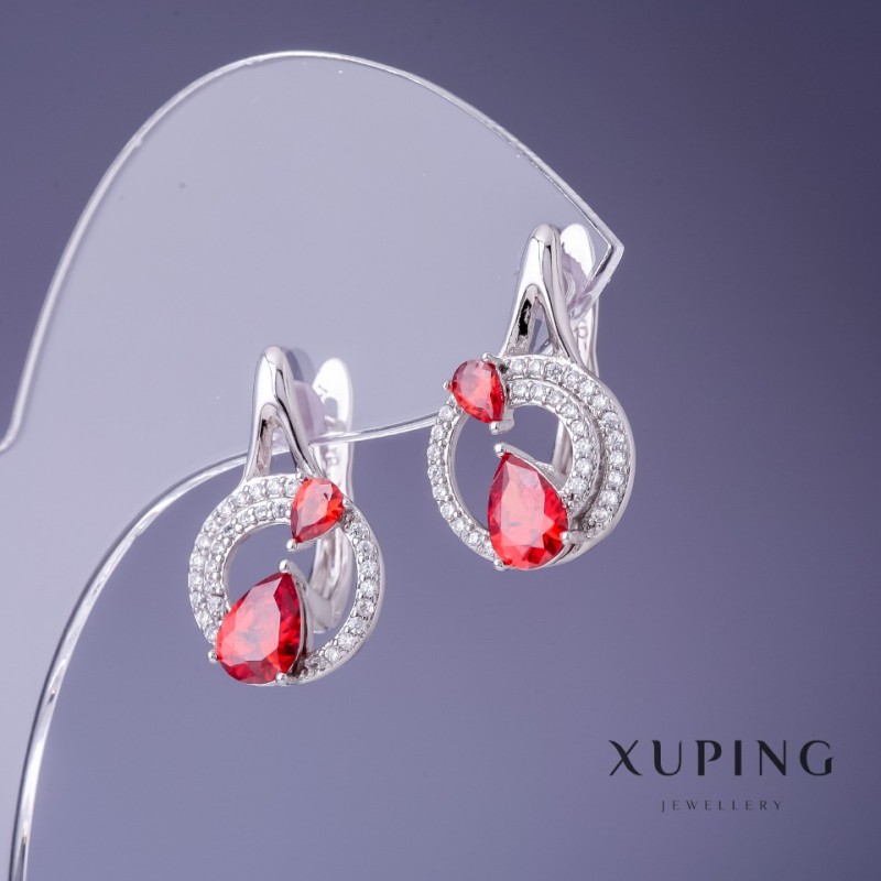 Earrings Xuping 13x21mm Rhodium with red stone