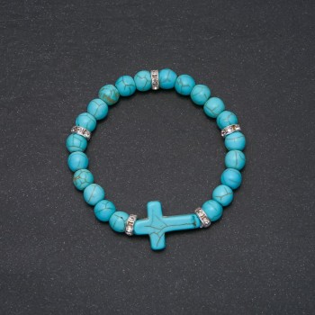 Turquoise bracelet, 8mm+- beads with Cross 24x18mm+-, circumference 18 cm on elastic