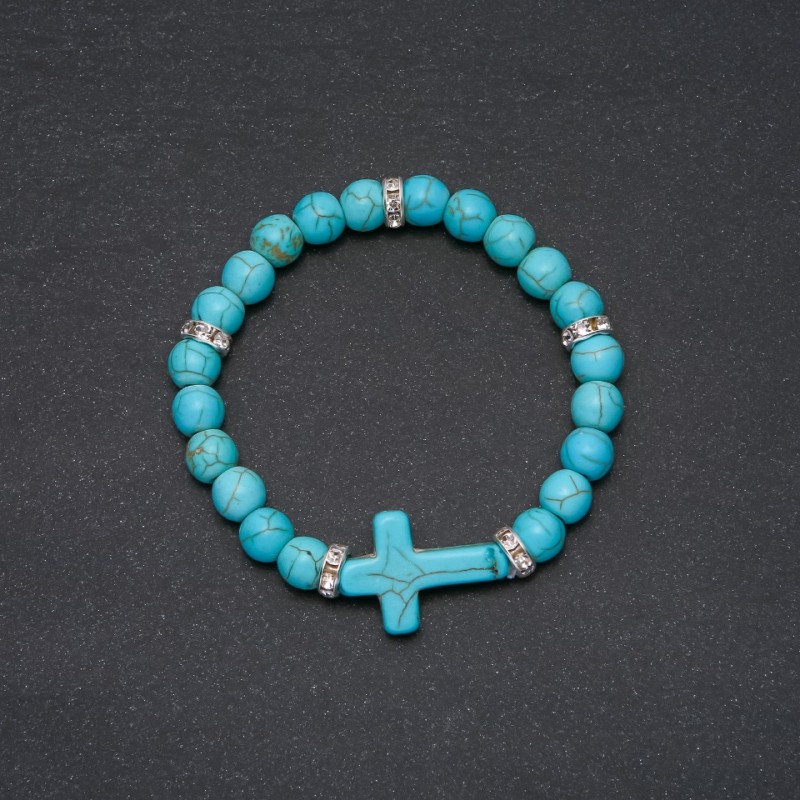 Turquoise bracelet, 8mm+- beads with Cross 24x18mm+-, circumference 18 cm on elastic