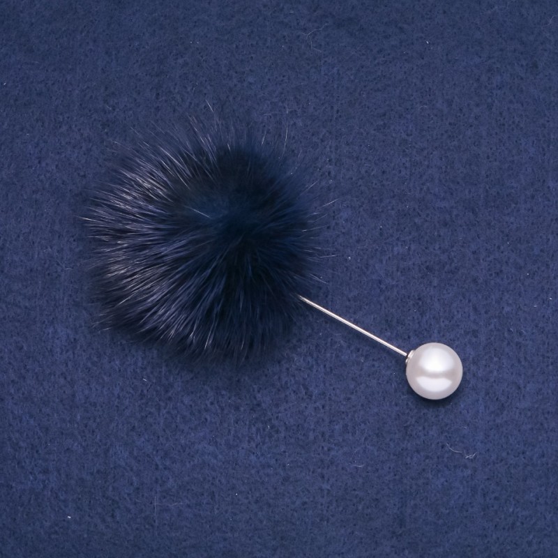 Brooch with blue mink fur, pin, diameter 50mm, length 90mm