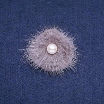 Brooch with grey mink fur with bead, 50mm diameter