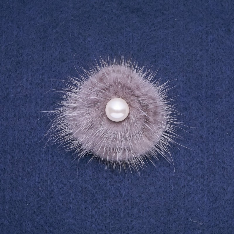 Brooch with grey mink fur with bead, 50mm diameter