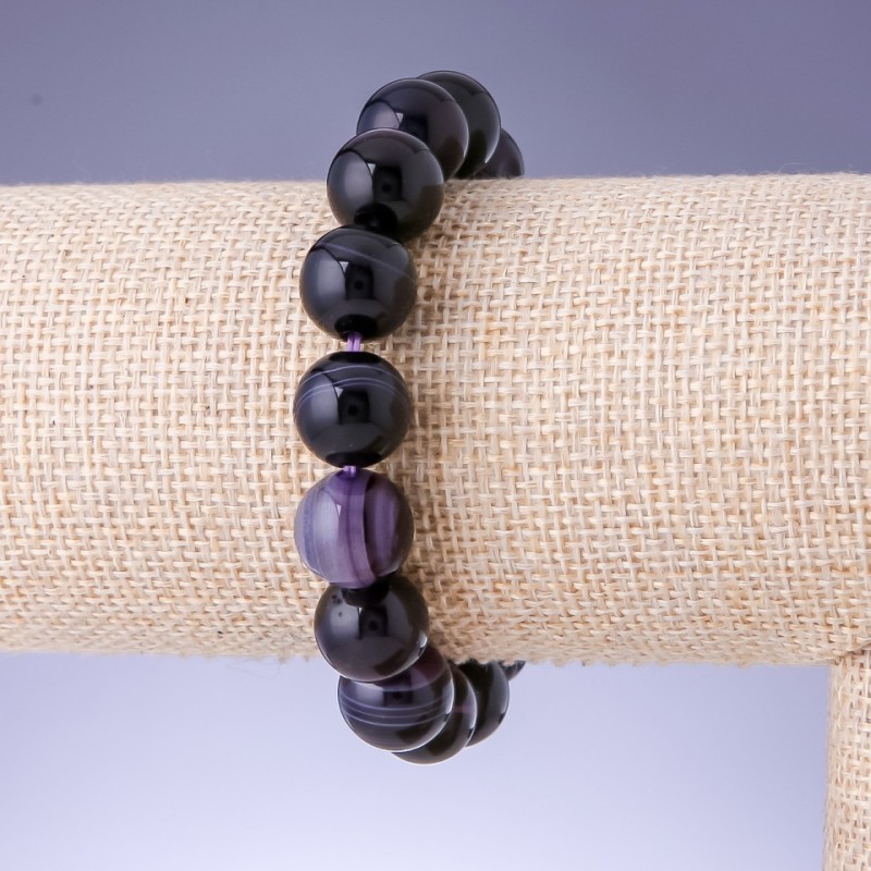 Agate Bead Bracelet Violet Heart-shaped Smooth Sphere, 12mm Diameter, 18cm Circumference on Elastic