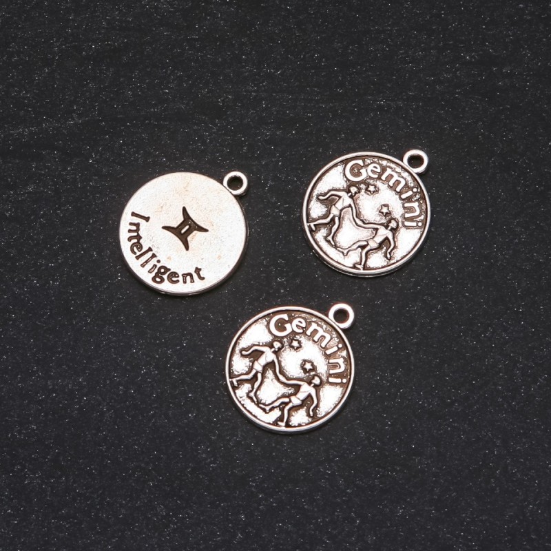 Pendant Finding Zodiac Gemini, diameter 17mm packaging 20g ± 10pcs