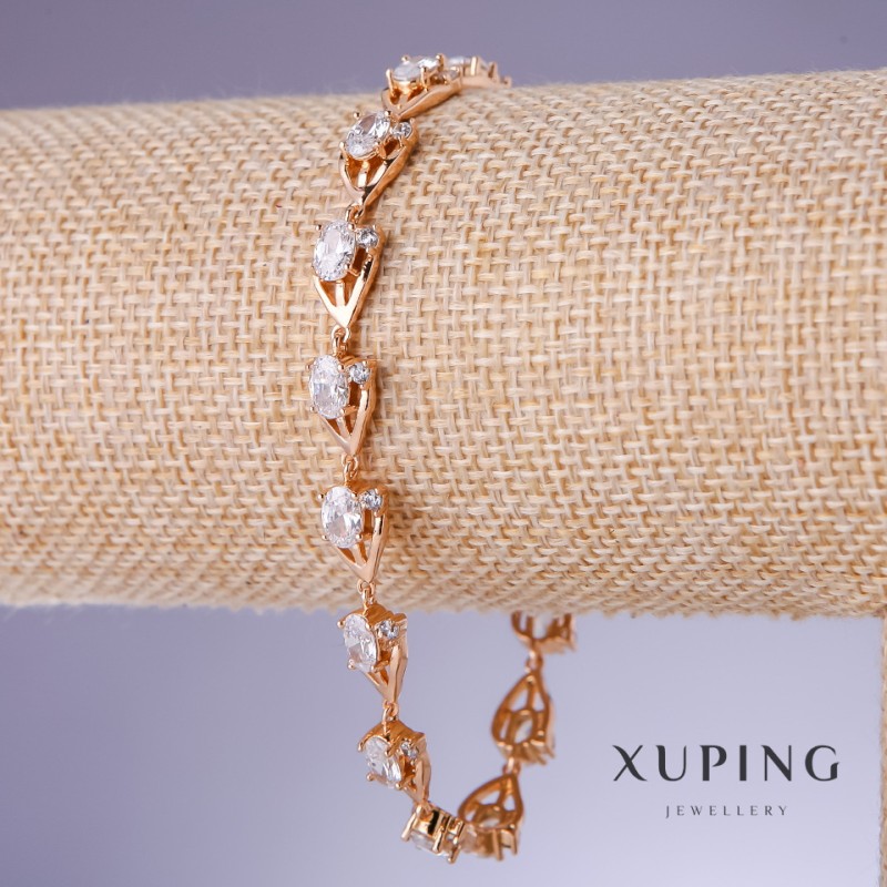 Xuping Bracelet with White Zircons, 7mm Thick, 18–20cm Length, 18K Gold Plated