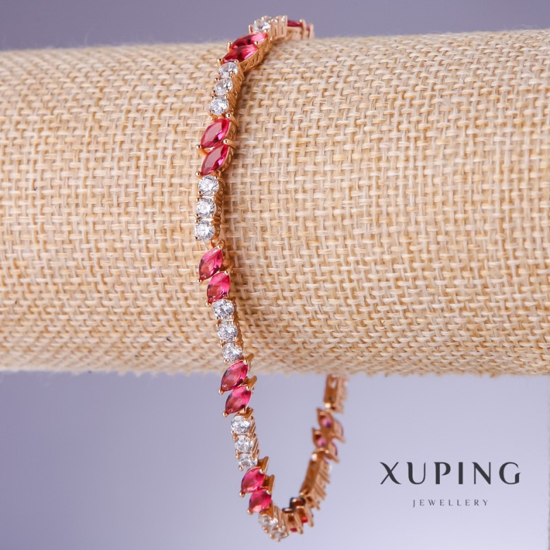 Xuping Bracelet with Red Cubic Zirconia "Ruby", 5mm thickness, 18–21cm adjustable length, 18K gold plated