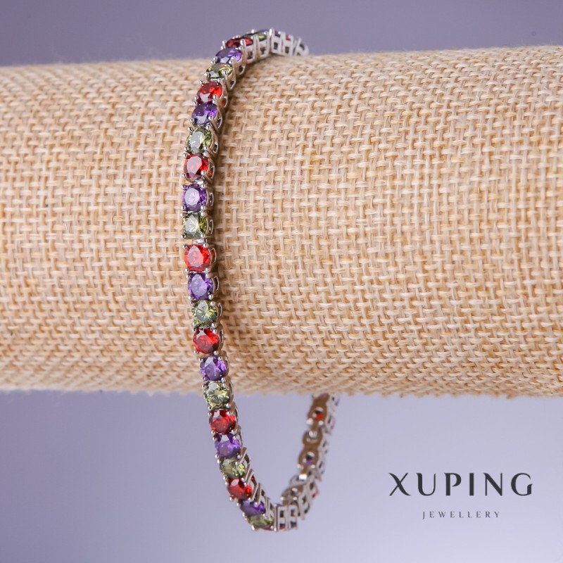 Xuping Bracelet with Multicoloured CZs, 4mm thick, 18–20cm length, Rhodium 18K