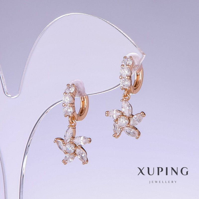 Earrings Xuping with white cubic zirconia, length 23mm, thickness 11mm, 18K gold plating
