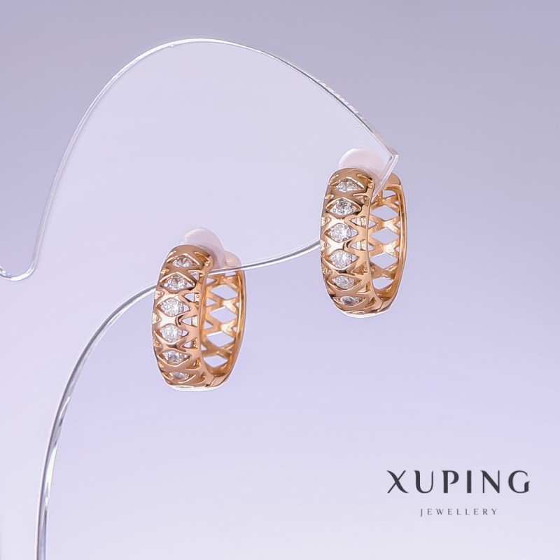 Earrings Xuping with white zircon, length 16mm, thickness 5mm, 18k plating