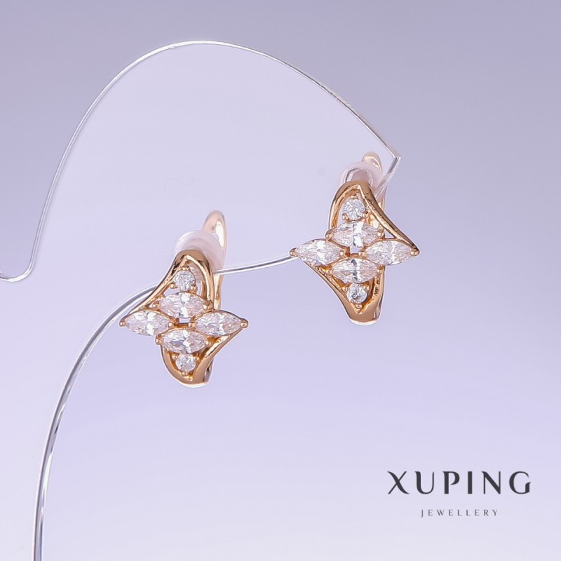 Xuping Earrings with White Cubic Zirconia, 14mm length, 13mm thickness, 18k Gold Plated