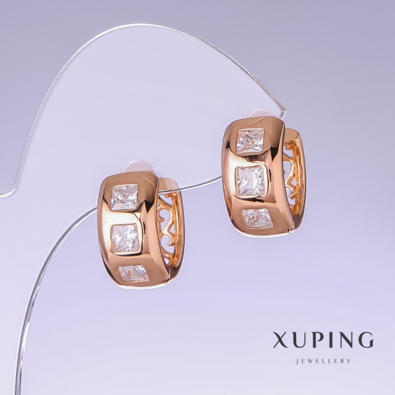 Xuping Earrings with White Zircon, 17mm length, 8mm thickness, 18k gold plated