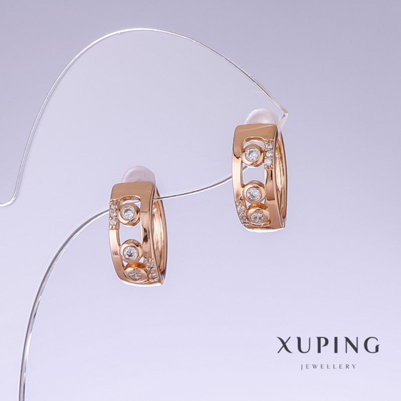 Xuping Earrings with White Cubic Zirconia, length 15mm, thickness 6mm, 18k Gold Plating