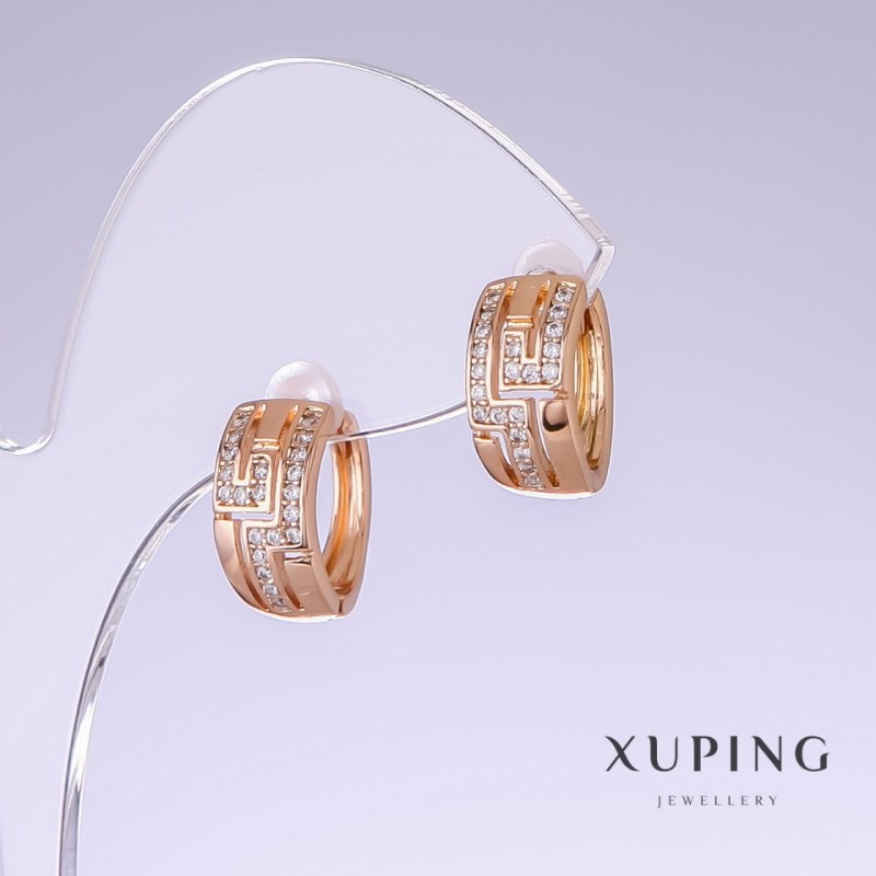 Xuping Earrings with White Rhinestones, 13mm length, 7mm thickness, 18K Gold Plating